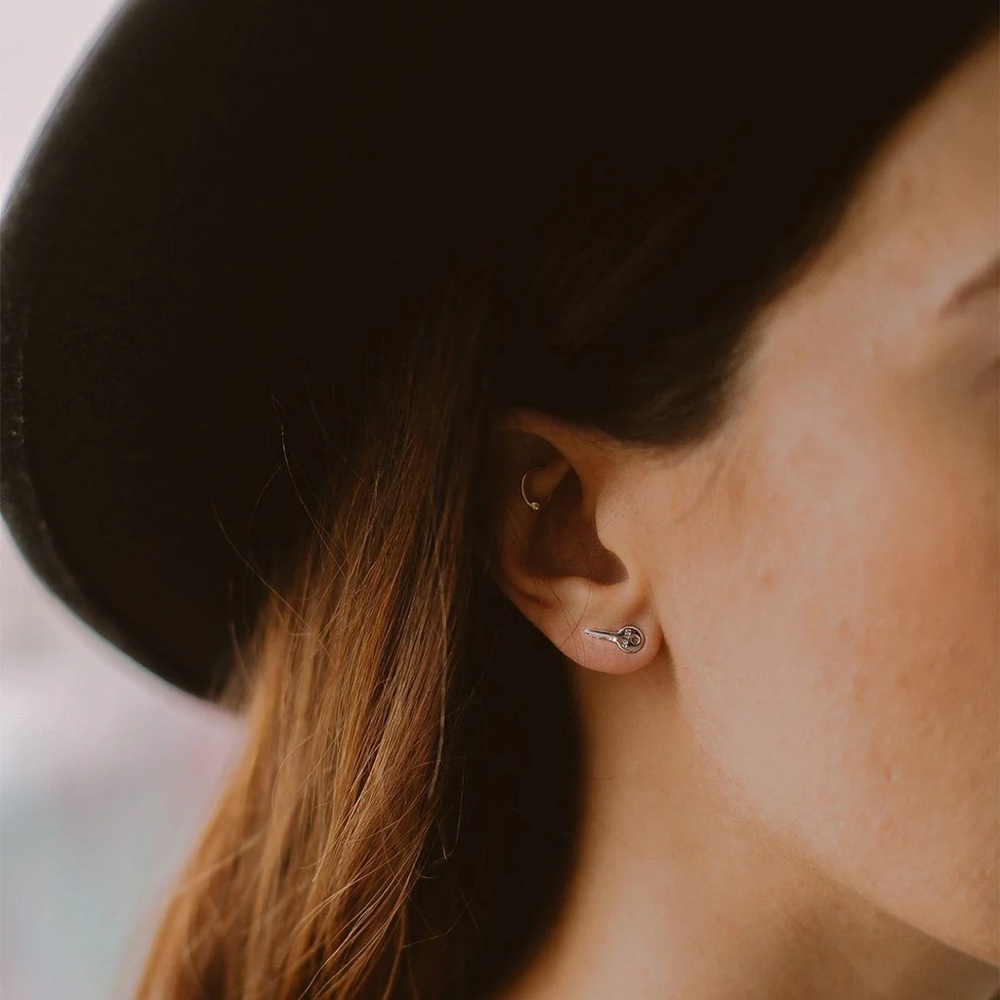 The Giving Keys Matte Black “Love” Mini Key Post Earrings. - Picture 10 of 10